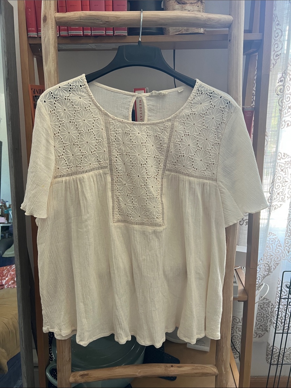 FatFace Cream Crochet Yoke Short Sleeve Tunic